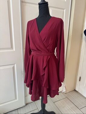 Long Sleeve Wrap Dress in Wine Red